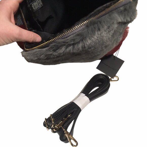 Faux Fur Backpack Gray Burgundy Travel School Vacation Academia Fuzzy - Picture 9 of 13